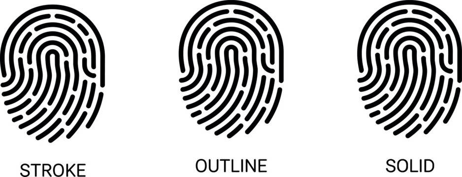 Professional Fingerprint Identification Icon Set Featuring Stroke Outline and Solid Vector Styles for Biometric Security and Cyber Safety Technology