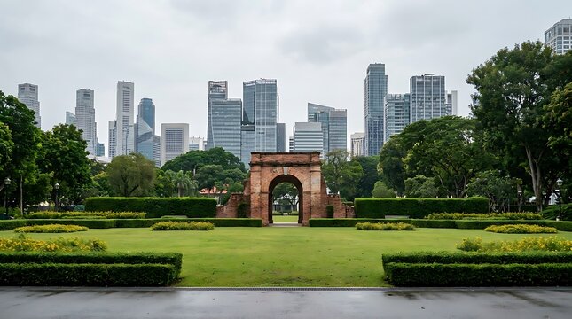 Historic brick archway in fort canning park with modern city skyline in the background, singapore