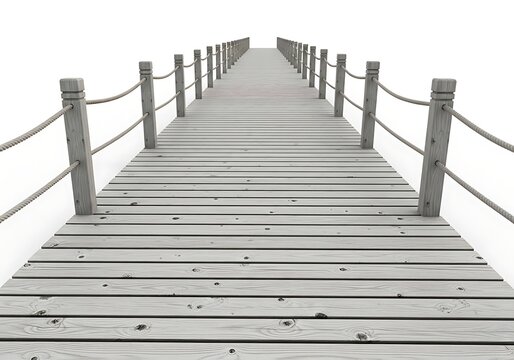 Long wooden pier extending into the distant horizon with guardrails isolated on white background