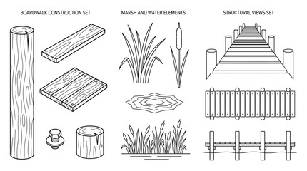 Boardwalk construction elements and marsh vegetation line drawing set © Md Anisur Rahman 