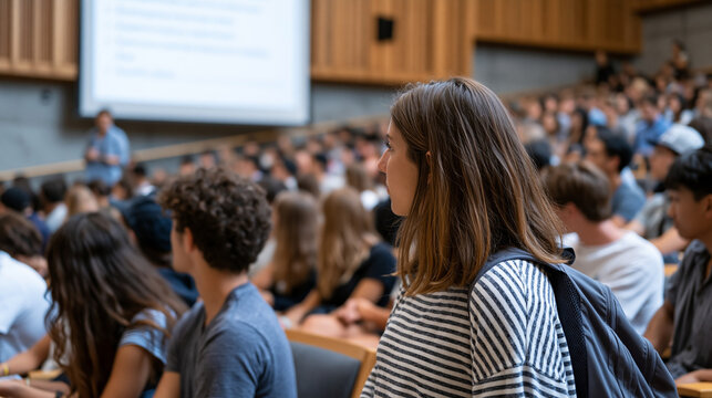 Student volunteer requirement orientation, a university auditorium packed with incoming freshmen listening to a service learning coordinator presenting on a large projected screen showing community 