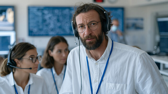 Stat number showing emergency response average time reduction mounted boldly on an operations wall in a hospital coordination center, incident manager reviewing progress with two dispatchers during 