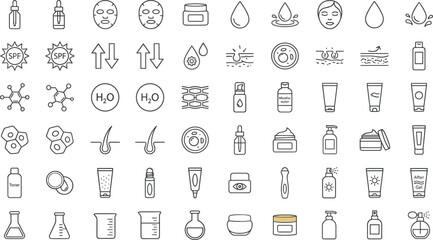 Comprehensive skincare and dermatology line icon set featuring spf protection serum bottles laboratory equipment face masks and chemical formulas for professional cosmetic packaging, © Limon