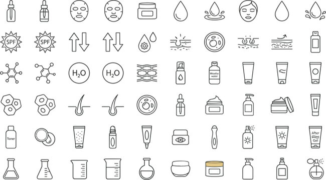Comprehensive skincare and dermatology line icon set featuring spf protection serum bottles laboratory equipment face masks and chemical formulas for professional cosmetic packaging,