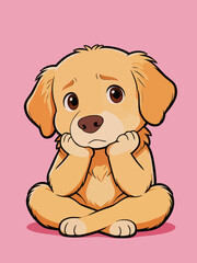 Fototapeta premium Sad Cartoon Golden Retriever Puppy Sitting in Thoughtful Pose