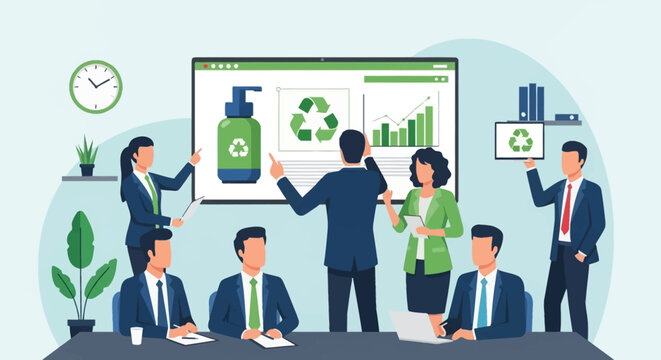 Business team in an office meeting reviewing a sustainability presentation on a digital screen showing eco-friendly packaging, recycling symbols, and financial data growth charts.