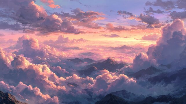Dramatic sunset cloudscape over mountain range with soft pastel colors