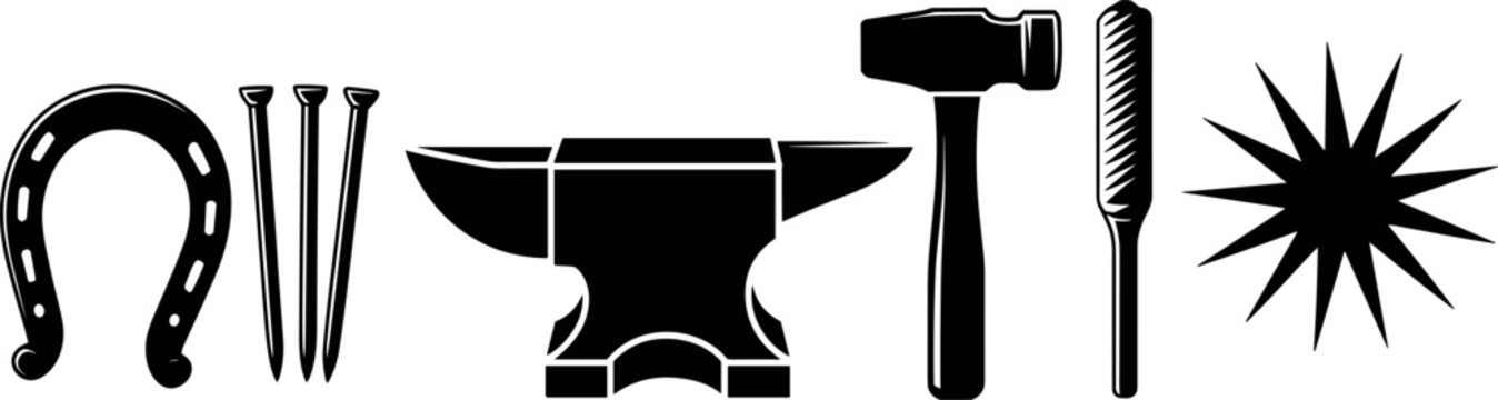 Set of black blacksmith tools icons featuring horseshoes nails anvil hammer and chisel symbols for industrial craft and metalworking designs