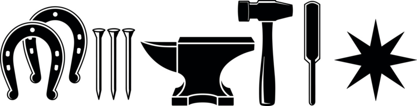 Set of black blacksmith tools icons featuring horseshoes nails anvil hammer and chisel symbols for industrial craft and metalworking designs.