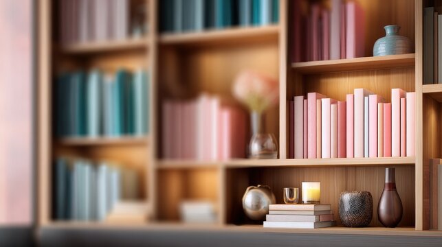 Wooden bookshelves filled with books and decorative objects for reading