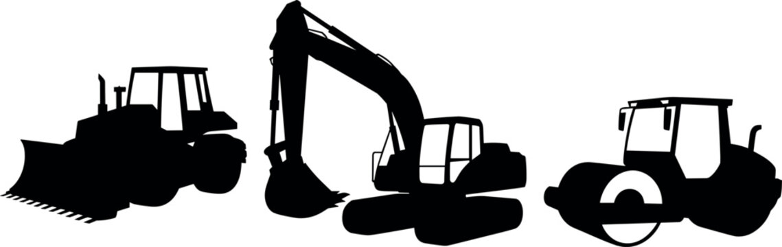 Heavy industrial construction machinery silhouettes including excavator bulldozer and steam roller icons isolated on white background for building industry projects.