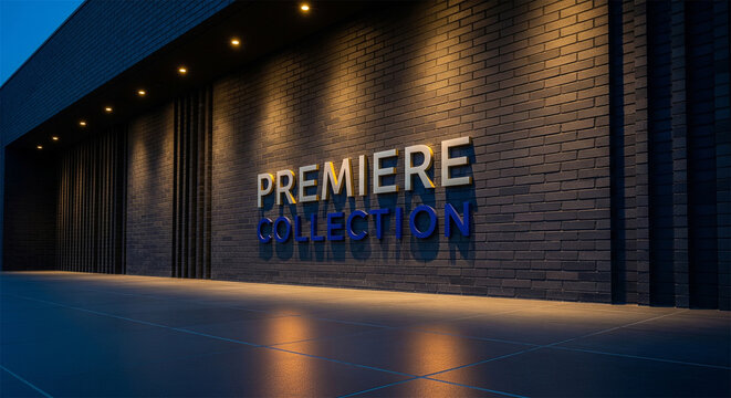 Modern storefront logo mockup on dark brick wall, premiere collection 3D signage at night, luxury retail building exterior with spotlighting