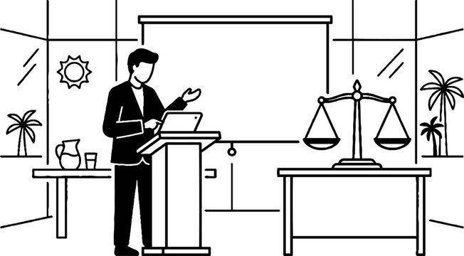 Lawyer presenting at lectern next to scales of justice