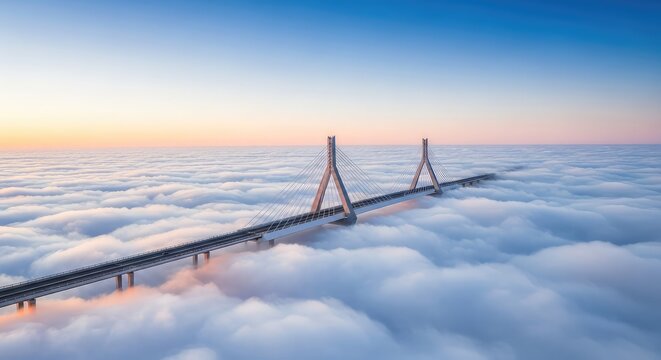A sleek modern bridge with architectural precision extends across a vast white sea of clouds under a clear blue sky at high altitude dawn, sky, structure, futuristic