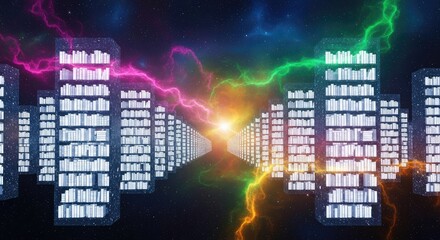Obraz premium A vast celestial library floats within a glowing nebula, where infinite rows of luminous bookshelves stretch across the cosmic horizon forever, ethereal, mystery, mystical