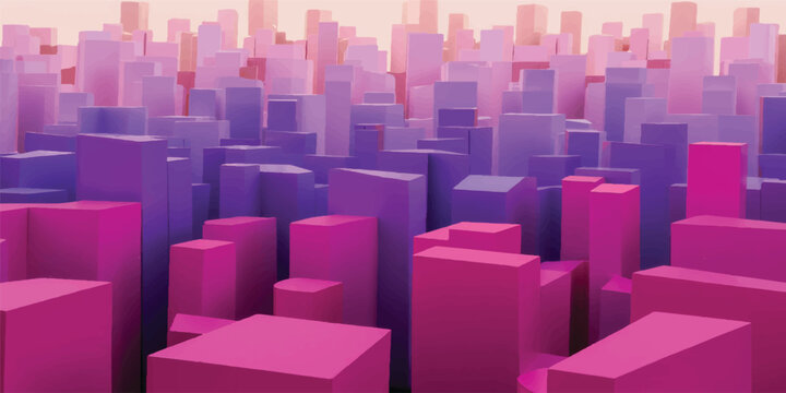A 3d render of purple abstract cubes forming a modern city building design with a reflection of pink light and a red square block symbolizing a business success graph
