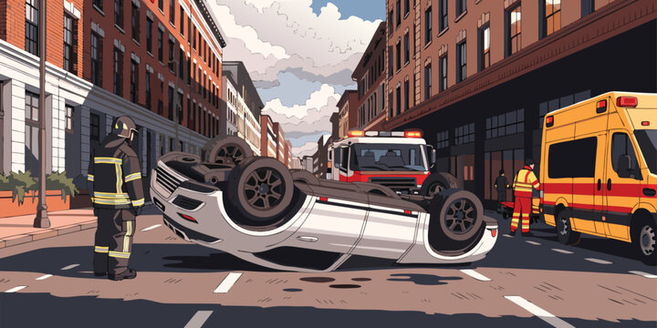 Stylized digital illustration of emergency responders at an overturned car accident on a city street