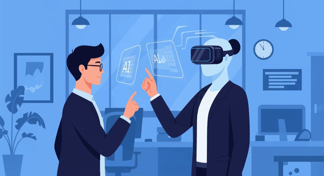 Flat vector illustration of a man in a suit interacting with a humanoid robot wearing a VR headset and pointing at holographic AI interface screens in a modern blue office space.
