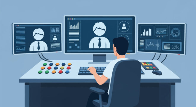 Flat vector illustration of a person sitting at a workstation with multiple monitors displaying employee profiles and data analytics graphs for workplace performance monitoring.