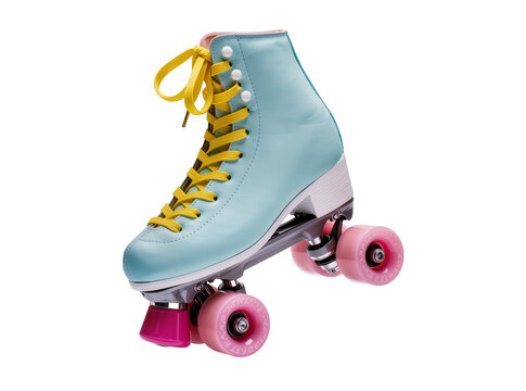 Isolated fashionable vintage-style light blue roller skate with yellow laces and pink wheels for recreation