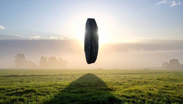 Mysterious dark monolith floating silently above a tranquil, misty green field, silhouetted against the glowing sunrise, evoking a profound sense of wonder and ancient secrets