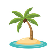 Obraz premium Tropical Palm Island Vector Illustration with Curved Coconut Tree, Sandy Beach and Blue Lagoon