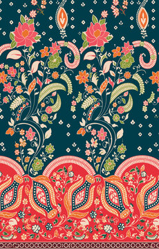 Premium traditional ethnic textile print layout featuring a rich patola paisley border panel, kalamkari floral vines, and subtle bandhani dot patterns. Inspired by classic Indian heritage artwork, thi