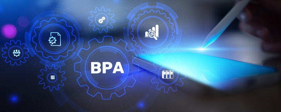 BPA Business Process Automation with Digital Interface and Technology Icons Background