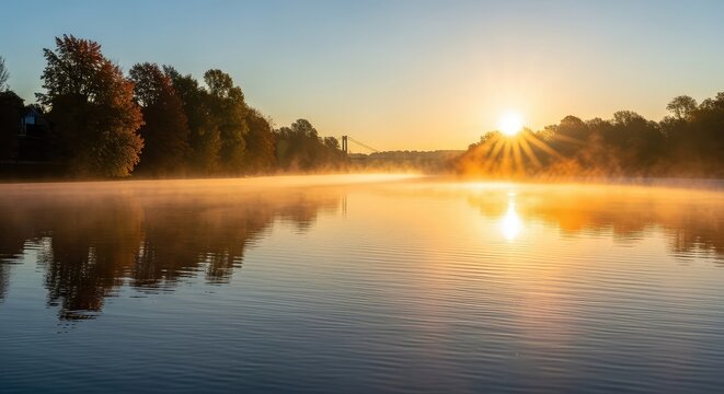 Golden sunrise over a tranquil river and lake with misty morning air, soft tree reflections, and a distant bridge silhouette in the sky, lake, vista, calm