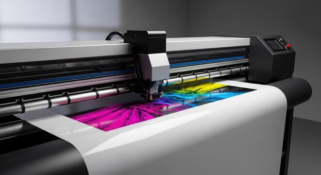 Industrial plotter prints a vibrant digital image onto a wide vinyl roll inside a modern studio, showcasing precision technology and vivid ink, business, speed, large format