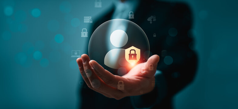 Personal data protection concept with user profile and lock shield icon in hand representing privacy security identity protection access control and cybersecurity management