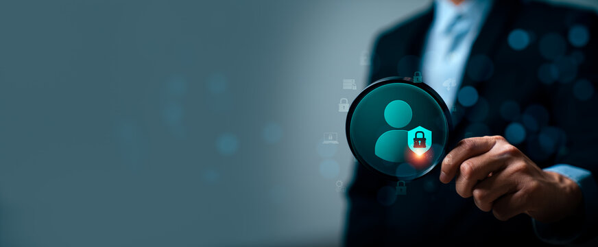 Digital identity verification concept with magnifying glass user profile and lock shield icon representing privacy protection access control cybersecurity and personal data security