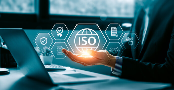 ISO certification management concept with digital quality assurance interface showing compliance checklist document control business process standardization and corporate governance system