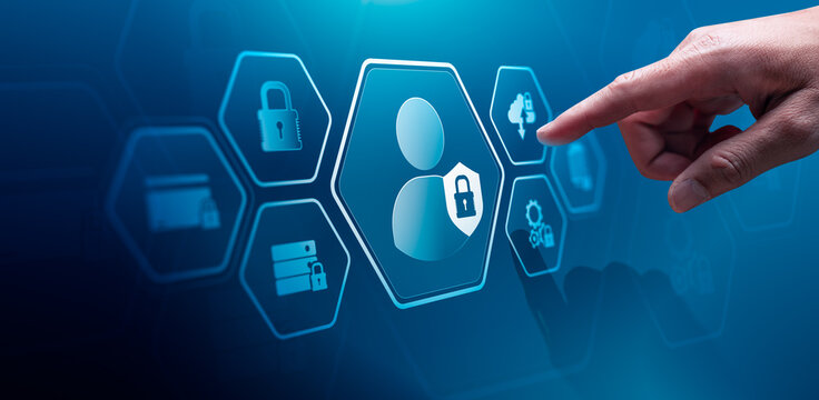 Digital identity protection concept with user profile lock shield interface and cybersecurity icons showing access control data privacy security and personal information management