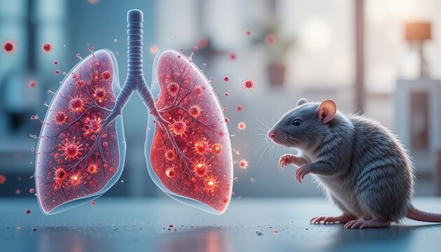 Realistic laboratory mouse beside glowing human lungs with virus particles, illustrating respiratory disease research, infection science, and medical experimentation in a futuristic setting