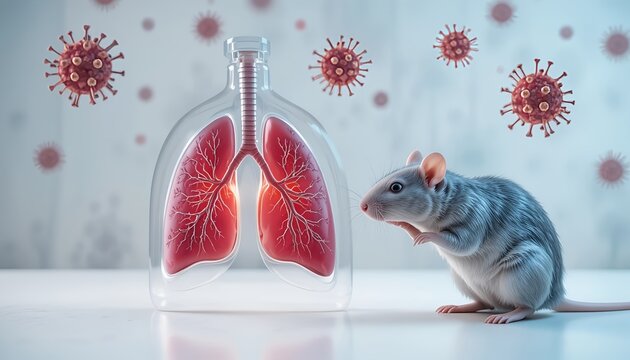 Realistic laboratory mouse beside glowing human lungs with virus particles, illustrating respiratory disease research, infection science, and medical experimentation in a futuristic setting