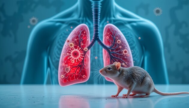 Realistic laboratory mouse beside glowing human lungs with virus particles, illustrating respiratory disease research, infection science, and medical experimentation in a futuristic setting