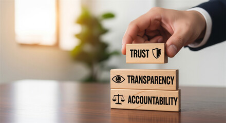 Fototapeta premium Corporate trust and transparency concept, wooden blocks with accountability text, businessman building ethical business foundation