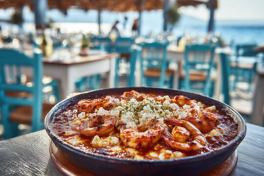 Traditional greek seafood saganaki on table overlooking the blue sea