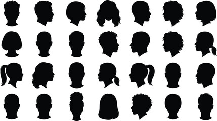 Collection of diverse human head silhouettes featuring male and female profile portraits isolated on white background © Hello World
