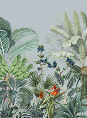 Fototapeta premium Tropical Wall Mural Illustration, Mughal Garden Wallpaper, Palm Tree.