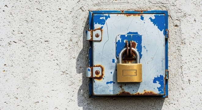 Weathered metal electrical fusebox mounted on a textured wall with a heavy industrial padlock securing the hinged access hatch shut, secure, metal, breaker