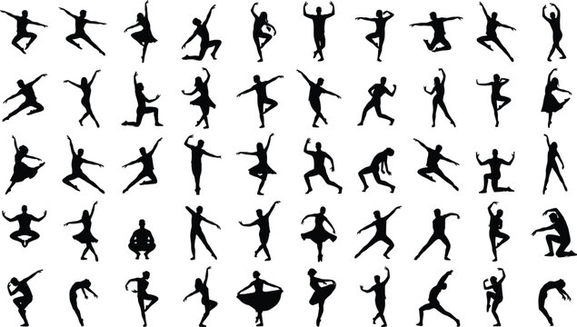 Dance performer silhouette collection featuring ballet contemporary and freestyle dancers in dynamic artistic movement poses isolated