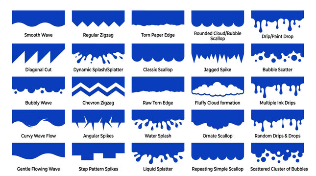 Graphic set of blue borders with various edge styles including waves zigzags and dripping paint effects.