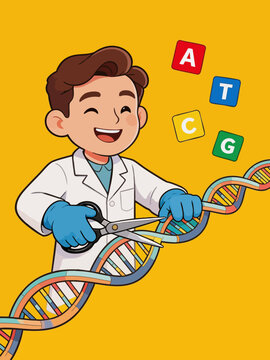 Cartoon Scientist Editing Genetic DNA Strand with Scissors