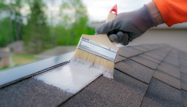 Close-up of a gloved hand applying a coating to a newly repaired roof roof with a paintbrush