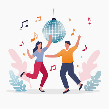 Couple Dancing Under Disco Ball with Music Notes