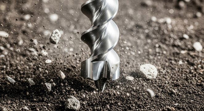A metallic drill bit rotates intensely as it descends into the dark earth, churning up soil and small rocks in a macro construction scene, industrial, terrain, equipment