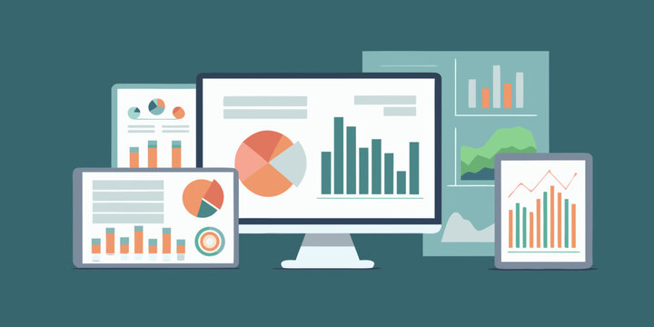 data analysis dashboard with charts and graphs flat vector illustration