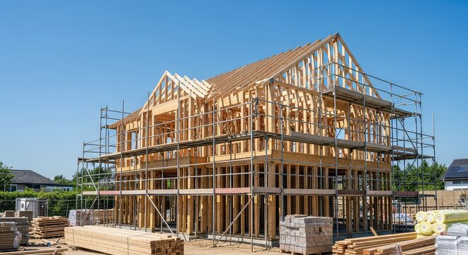 A residential house structure under development features wooden framing, scaffolding, and raw materials against a clear blue sky background, skeleton, stage, architecture